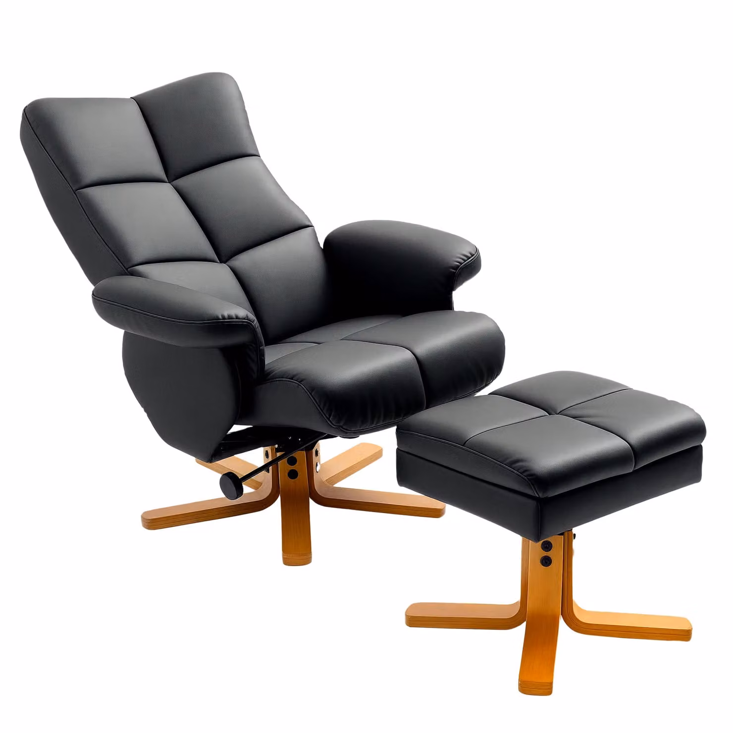 HOMCOM Swivel Recliner Chair with Ottoman in Black Synthetic Leather and Solid Wood Frame – 2