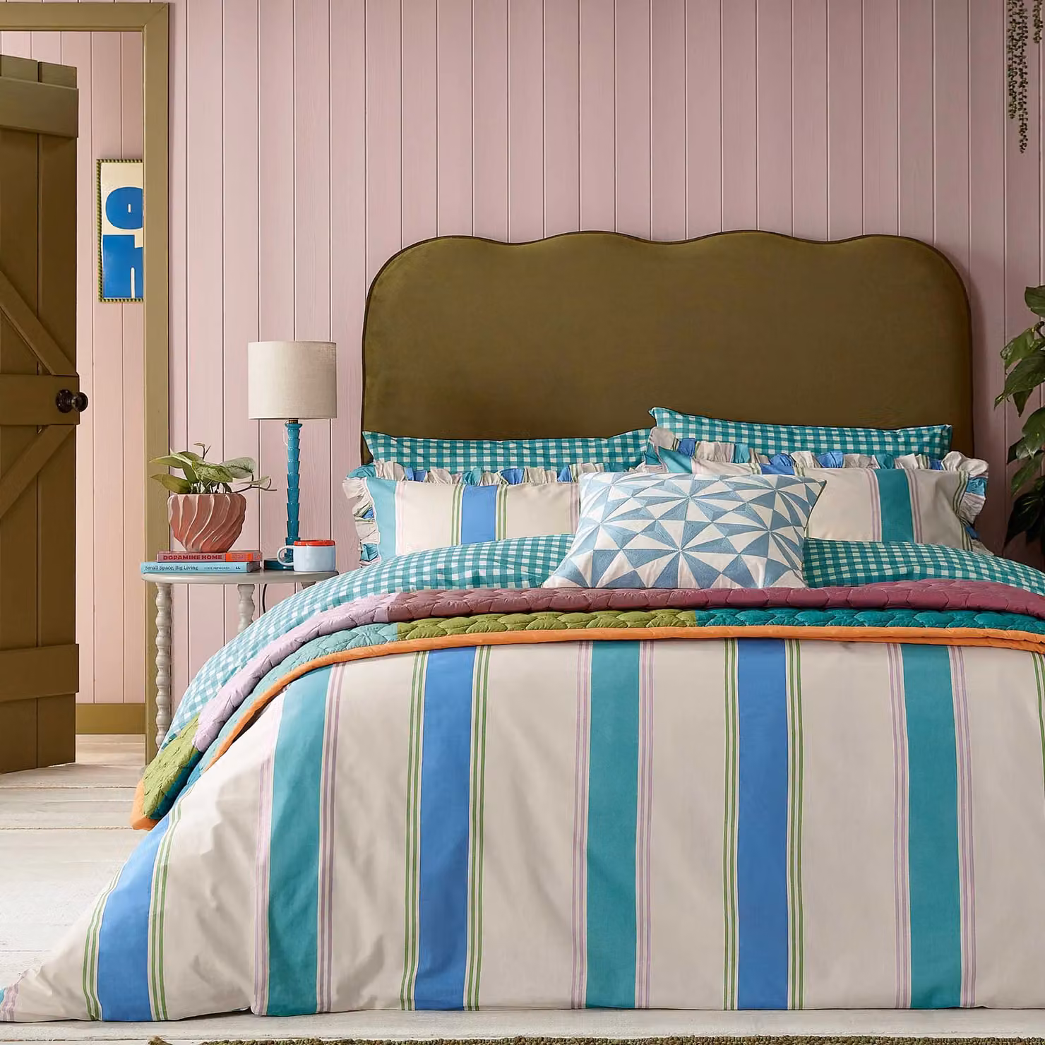 Land & Shore Corie Graphic Square Cotton Cushion, Green, Turquoise and Blue, W/D/H: 50 x 50 x 50 cm – 2