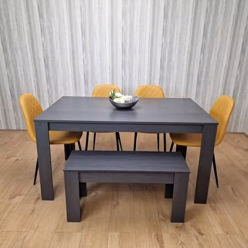 KOSY KOALA Grey Rectangular Dining Table with 4 Yellow Diamond Stitched Chairs and 1 Bench