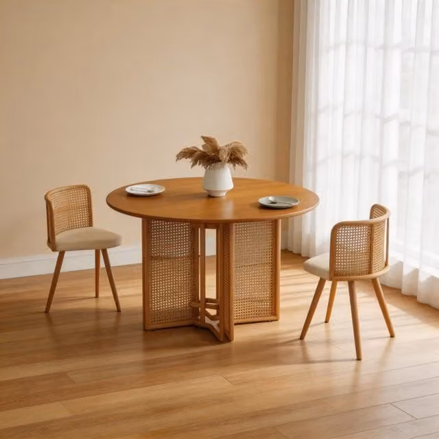 Furniture One Round Oak Dining Table and 3 Chairs Set in Brown