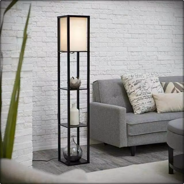 FLAVORA LED Wooden Floor Lamp with 3-tier Open Storage Display in Black