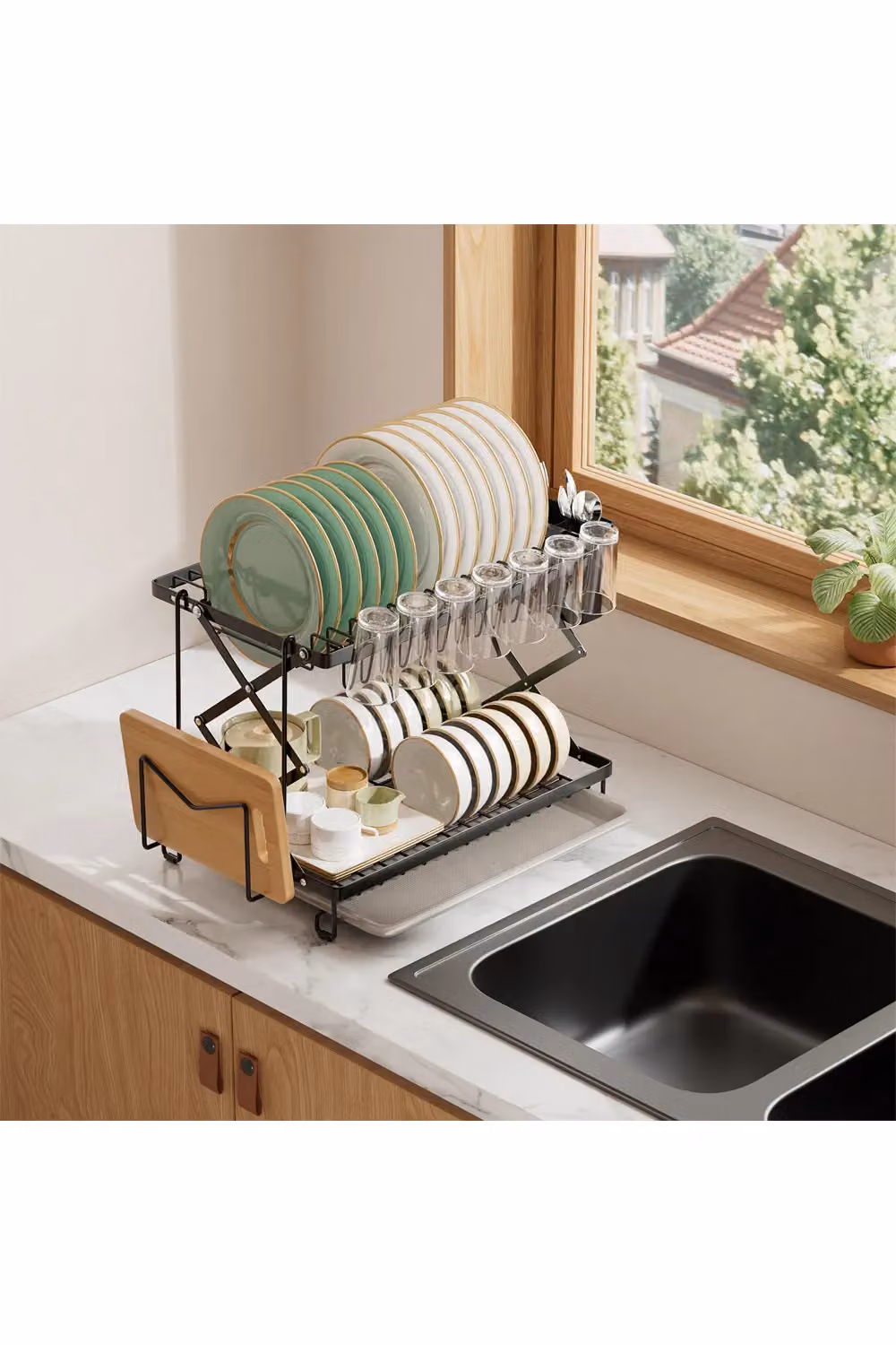 Living and Home 2-Tier Folding Dish Drying Rack with Detachable Drainboard and Kitchenware Holder, Black – 4