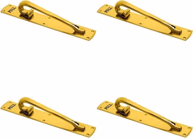 Loops Set of 4 Curved Left Handed Door Pull Handles Engraved with Pull in Polished Brass