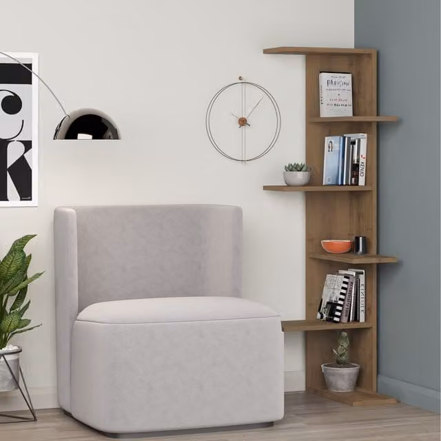 Decortie Modern Wall Mounted Corner Bookcase Display Unit in Brown, H 141.0 x W 37.0 x D 37.0 cm