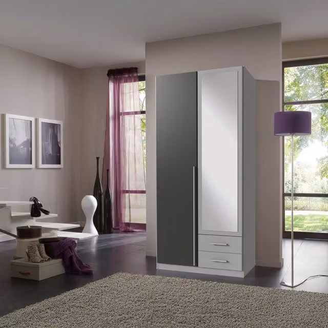 Husum Modern Grey 2 Door Wardrobe with Mirror and Internal Drawers