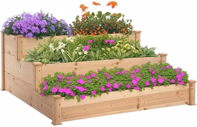 Kelvenix 3-Tier Wooden Raised Bed in Brown and Sand, W/D/H: 120 x 56 x 120 cm – 1