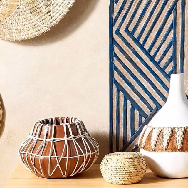 Wyld and Coco Stonewear Terracotta Vase with Rattan Braid in Natural Brown