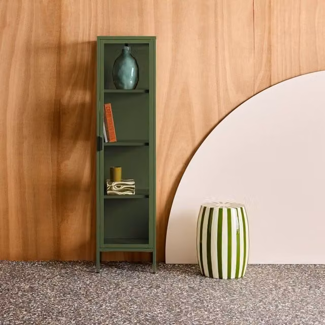 sweeek Industrial Green Steel and Tempered Glass Sideboard Display Cabinet with Glass Doors, H 160 x W 40 x D 35 cm