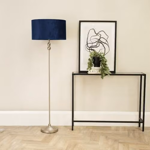 ValueLights Maggie Brushed Chrome Metal Floor Lamp with Navy Blue Fabric Drum Shade – 2