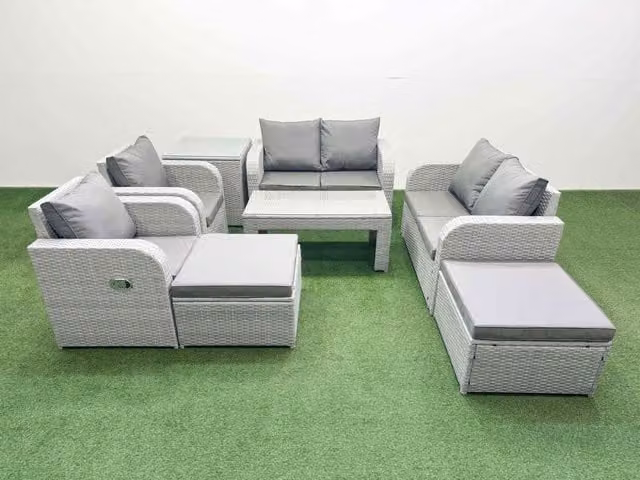 Fimous 8 Seater Rattan Garden Furniture Set in Light Grey with Reclining Sofa, Coffee Table, Side Table and Two Ottomans