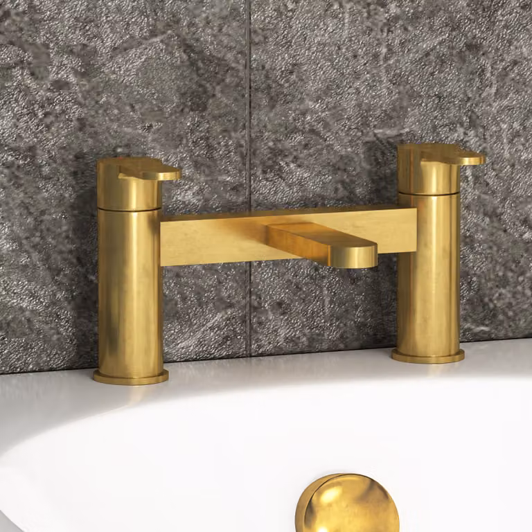 Arvan Deck Mounted Two Handle Bathtub Filler Tap in Brushed Brass