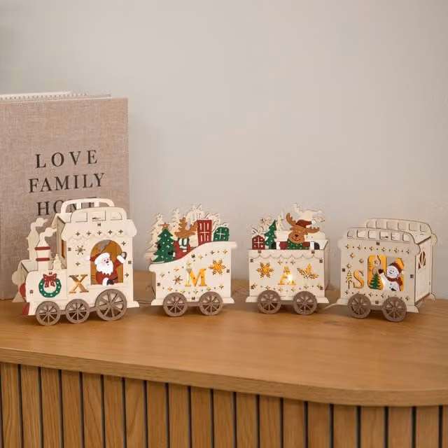 Samuel Alexander Rustic Wooden Santa's Express Light Up Christmas Train Decoration, White and Multicolour, W/D/H: 12.0 x 7.0 x 7.0 cm – 1