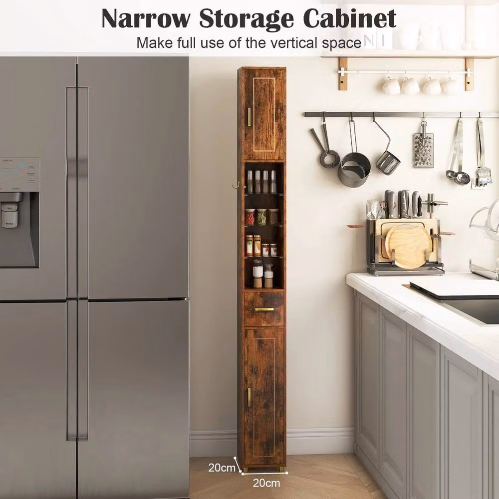 Havendro Narrow Brown Bathroom Cabinet with 3 Hinged Doors and Integrated Lighting, Height: 180 cm – 4