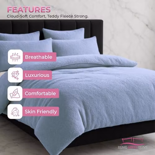 Home Sweet Home UK Teddy Bear Fleece Duvet Cover and Pillowcase Set, Blue, King Size (180 x 200 cm) – 4