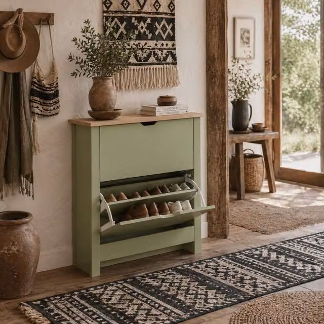 Wyld Haus Slim Green Shoe Cabinet with 2 Tilting Compartments, W/D/H: 80 x 26 x 72 cm – 1