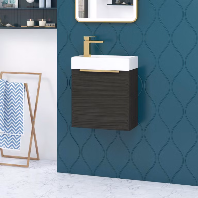 Royal Bathrooms Como 400mm Wall Hung Cloakroom Vanity Unit with Basin, 1 Door, Black, Brushed Brass Handle