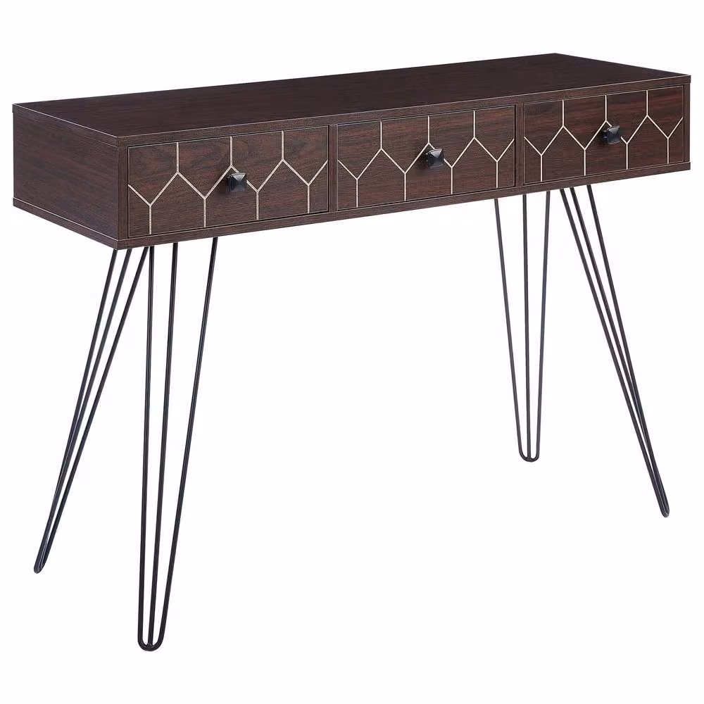 Wyld and Coco 3-Drawer Console Table with Brown Wood Top and Black Metal Frame, W: 110 cm, D: 39 cm, H: 79 cm – 2