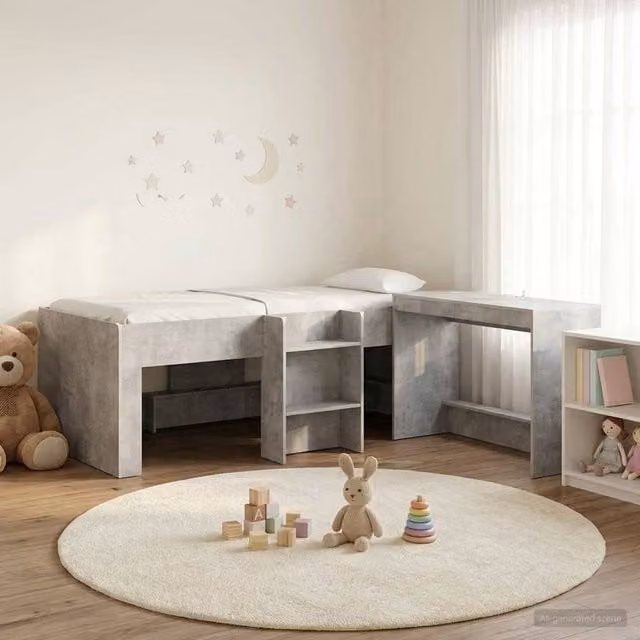 Berkfield Home Kids High Bed Frame with Desk in Concrete Grey, W: 75 cm, L: 190 cm – 1