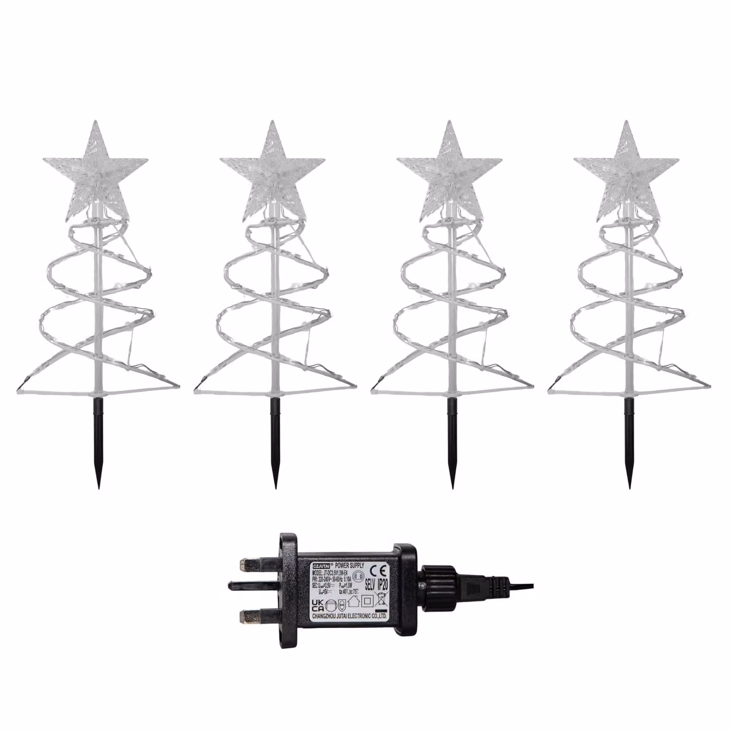 Samuel Alexander Set of 4 White Spiral Christmas Tree Garden Path Lights with 100 Warm White LEDs, Height: 45 cm – 4