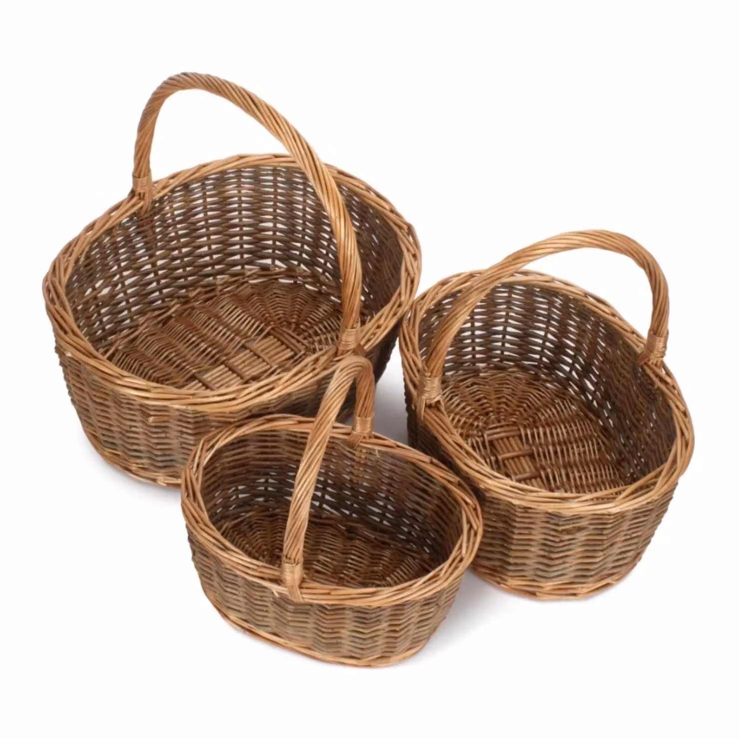 Set of 3 Red Hamper Oval Unpeeled Willow Shopping Baskets in Brown with Handles – 2