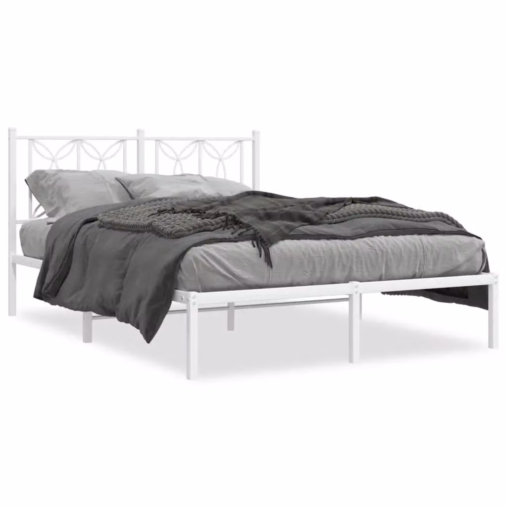 Berkfield Home Metal Bed Frame with Headboard, White, W: 135 cm, L: 190 cm – 2
