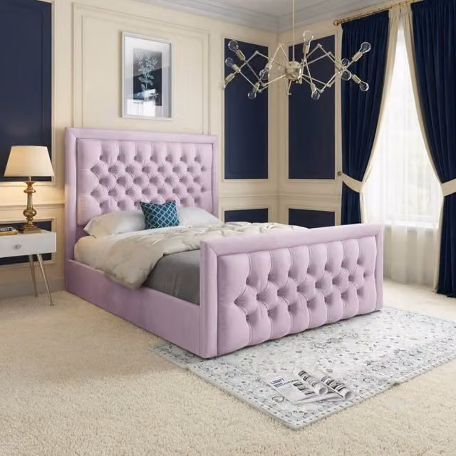 KDMD Ugborough Upholstered Pink Velvet Designer Bed Frame, W/D/H: 90 x 200 x 137 cm – 1