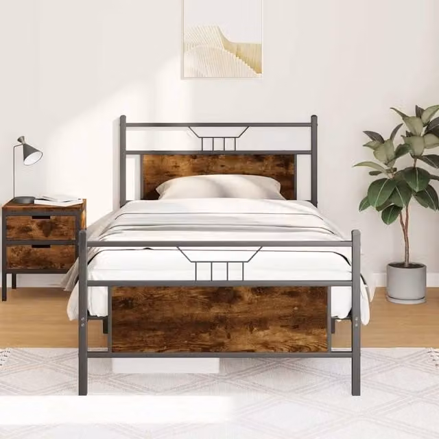 Berkfield Home Smoked Oak Bed Frame in Brown, W/D/H: 107 x 203 x 91.5 cm – 1