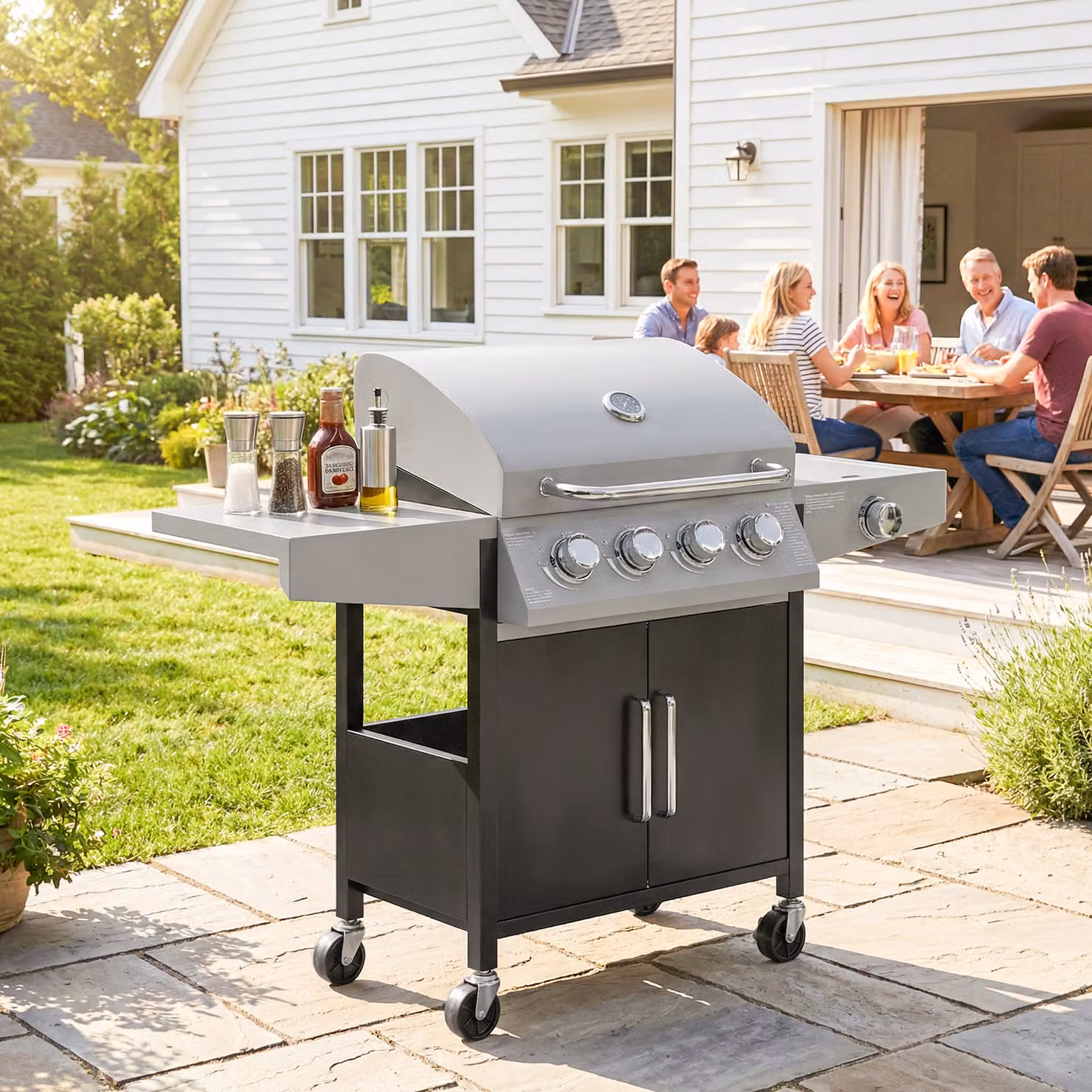 Outsunny 4+1 Burner Propane Gas BBQ Grill with Side Burner, 50000 BTU Steel Portable Barbecue with Built-in Thermometer, Warming Rack and Wheels – 9