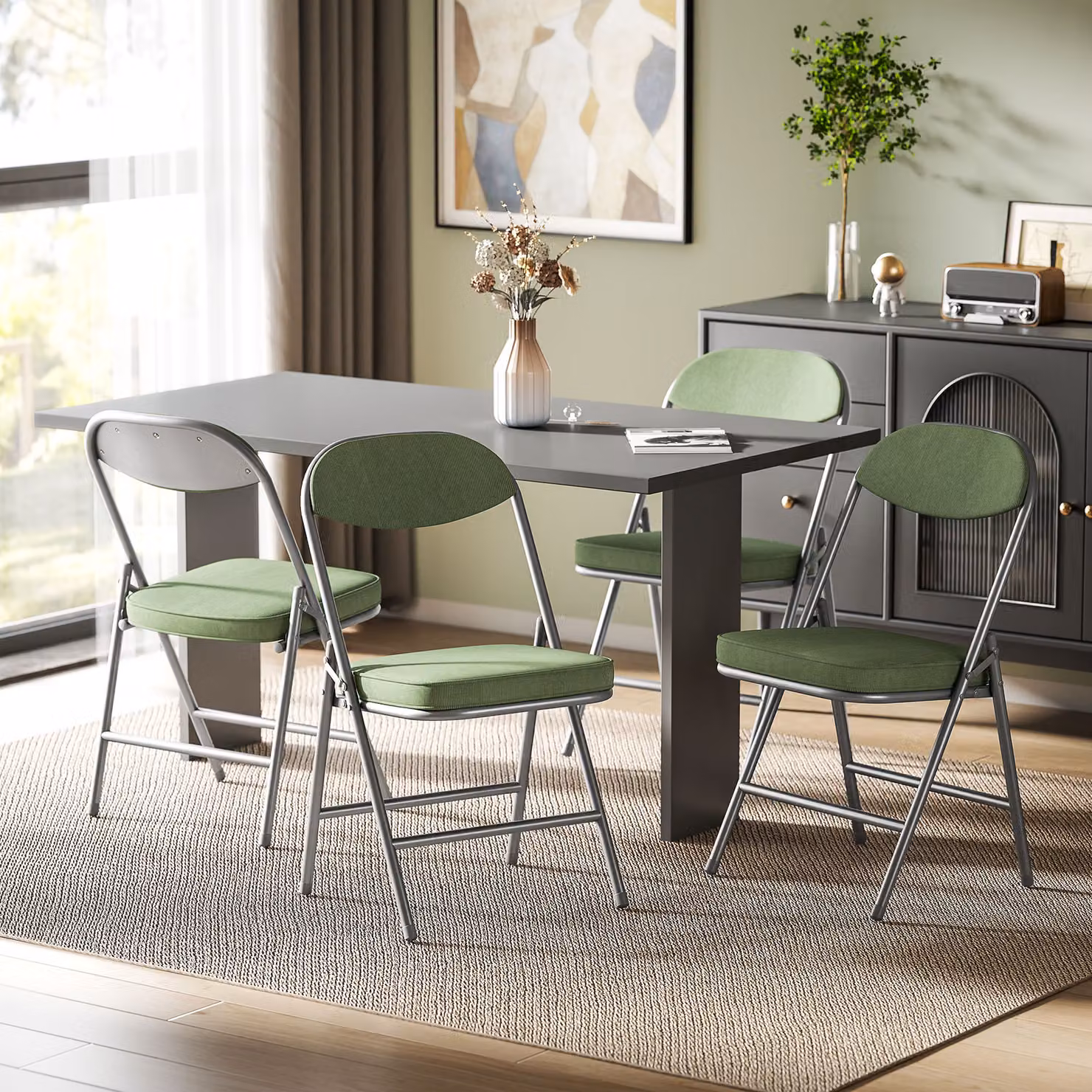 HOMCOM Set of Four Folding Corduroy Seat Chairs in Green – 2