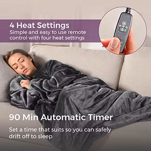 Tower C81149GRY Grey Flannel Fleece Heated Wearable Blanket with 4 Heat Settings, W: 183 cm, D: 155 cm – 5