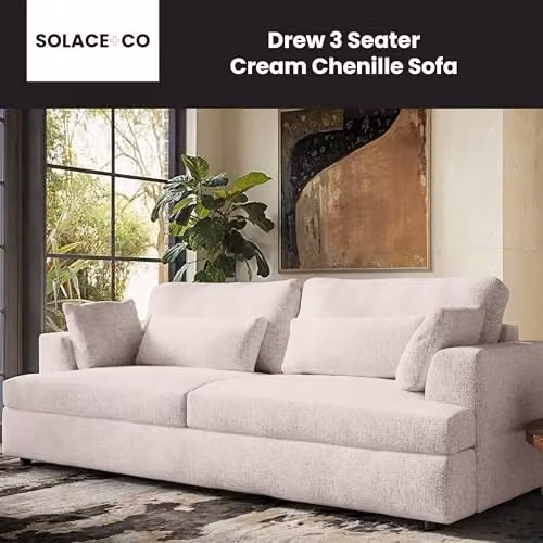 Solace+Co Drew 3 Seater Modern Chenille Lounge Sofa in Cream with Foam-Filled and Removable Cushion Covers – 2