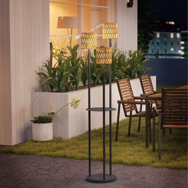 Outsunny Solar Rattan Floor Lamp with Shelf in Yellow