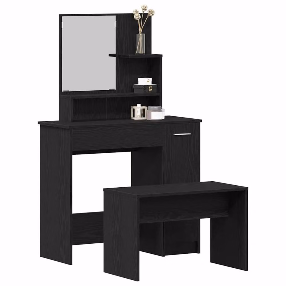 Berkfield Home Modern Black Oak Dressing Table Set in Matt Engineered Wood – 3