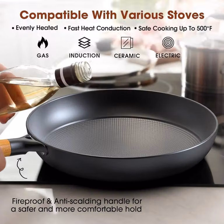 EONLION Non-Stick Cast Iron Frying Pan with Wooden Handle, Black, Diameter: 26 cm