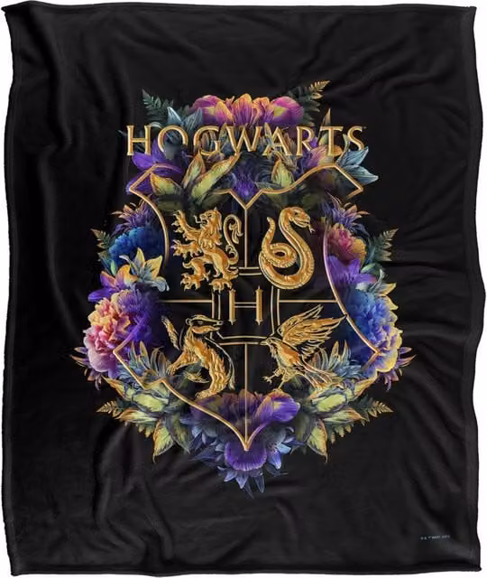 LOGOVISION Harry Potter Hogwarts Floral Crest Super Soft Fleece Throw Blanket, Multicolour and White, W/D/H: 152 x 127 x 1 cm