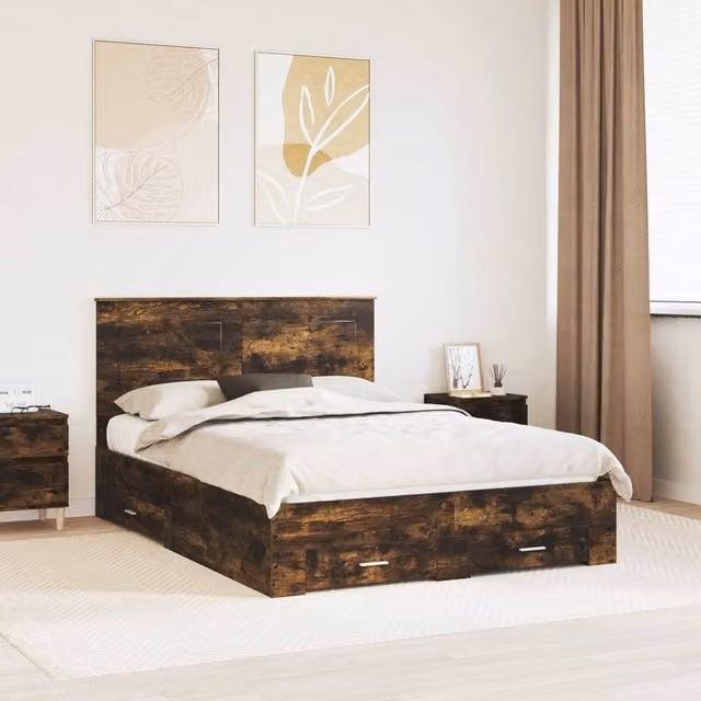 Berkfield Home Modern Bed Frame with Drawers in Smoked Oak Brown, W/D/H: 140 x 200 cm – 1