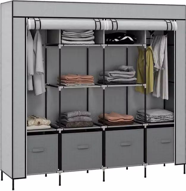 KORVIXA Large Fabric Wardrobe Closet with Roll Shutter Doors and Integrated Drawers in Grey, H 166.0 cm x W 169.5 cm