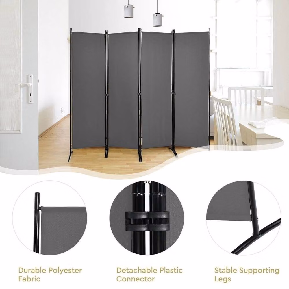 SPETLEK 4 Panel Foldable Room Divider in Grey with Polyester Fabric and Steel Frame, H 173 cm x W 220 cm – 4