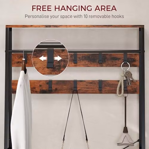 HOMCOM Industrial Hall Tree with Bench and 10 Hooks in Brown and Black, H 180 x W 80 x D 30 cm – 3