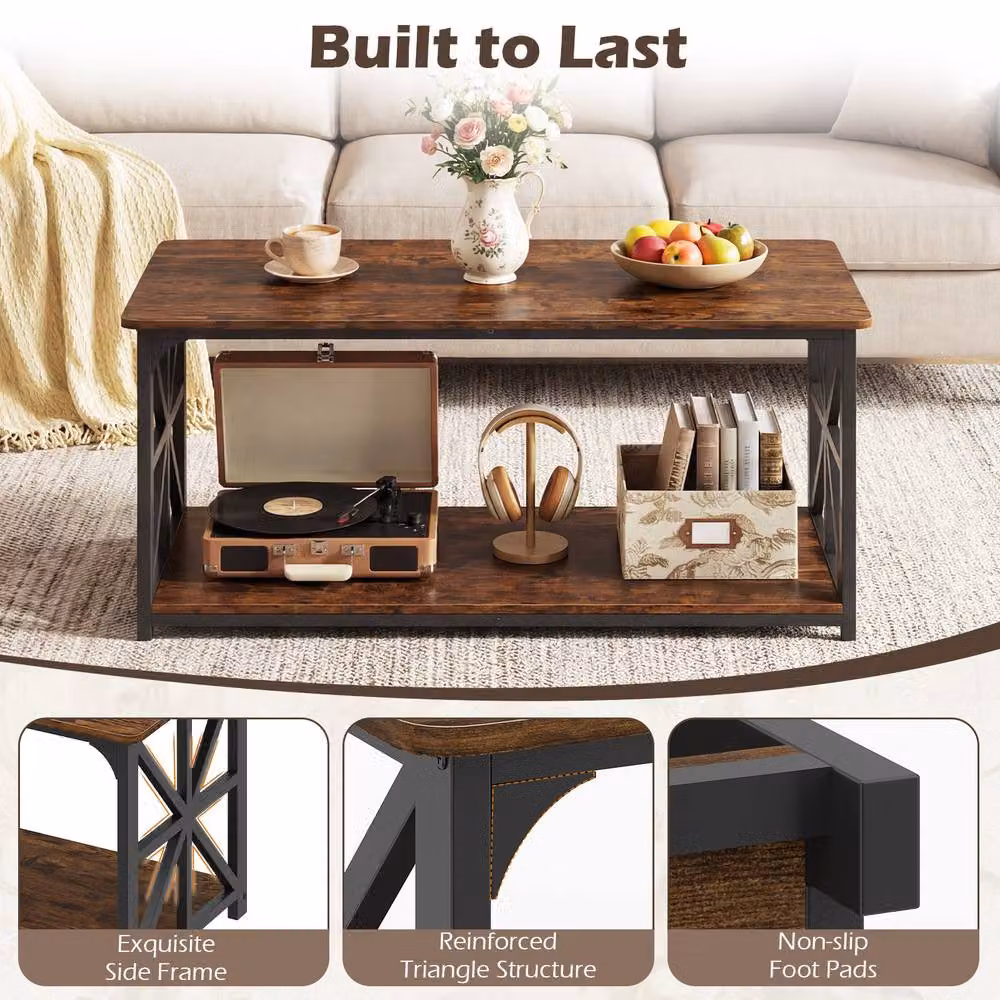 Gymax Industrial Farmhouse Coffee Table with 2-Tier Open Storage Shelf, Brown – 5