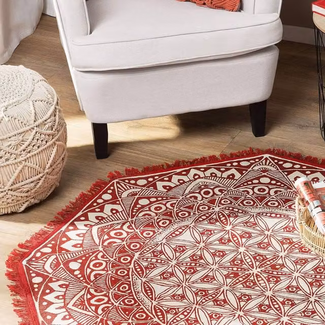 Wyld and Coco Mezitili Red Cotton Mandala Woven Round Rug, Diameter: 120 cm