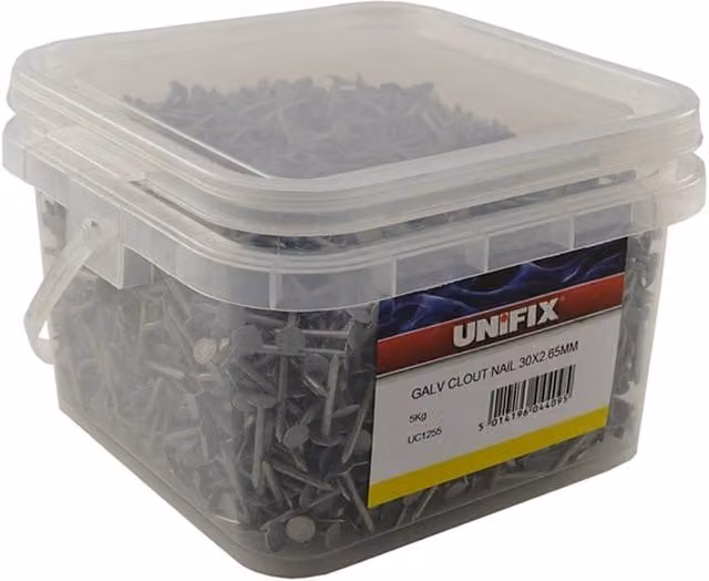 Unifix Galvanised Broad Flat Clout Nails, 30 x 2.65mm, 5kg Tub (Box of 2), Grey/Silver