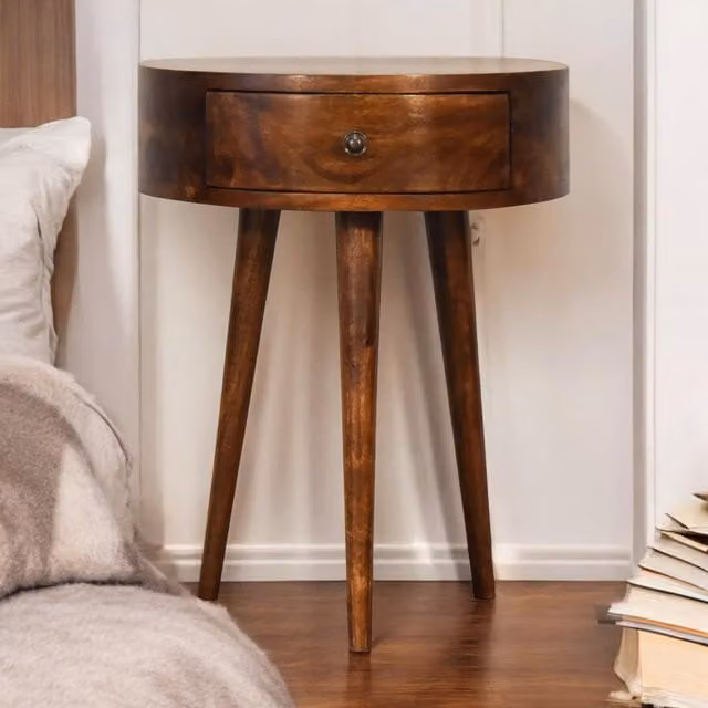 Aosom UK Solid Mango Wood Semi-Circular Bedside Table with Drawer and Nordic Legs, Brown, W/D/H: 40 x 32 x 52 cm