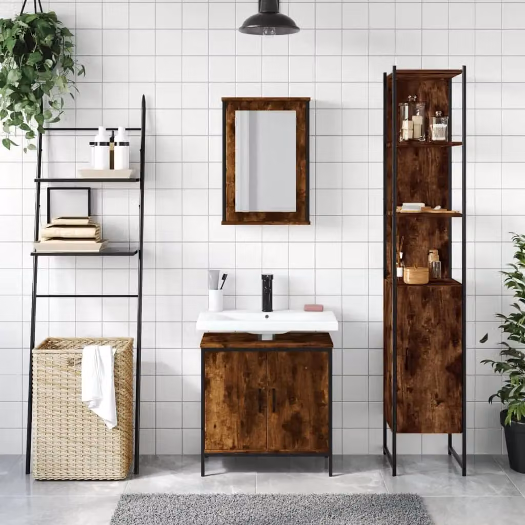 Berkfield Home 3 Piece Brown Smoked Oak Bathroom Furniture Set with Mirror Cabinet and Vanity Unit – 2