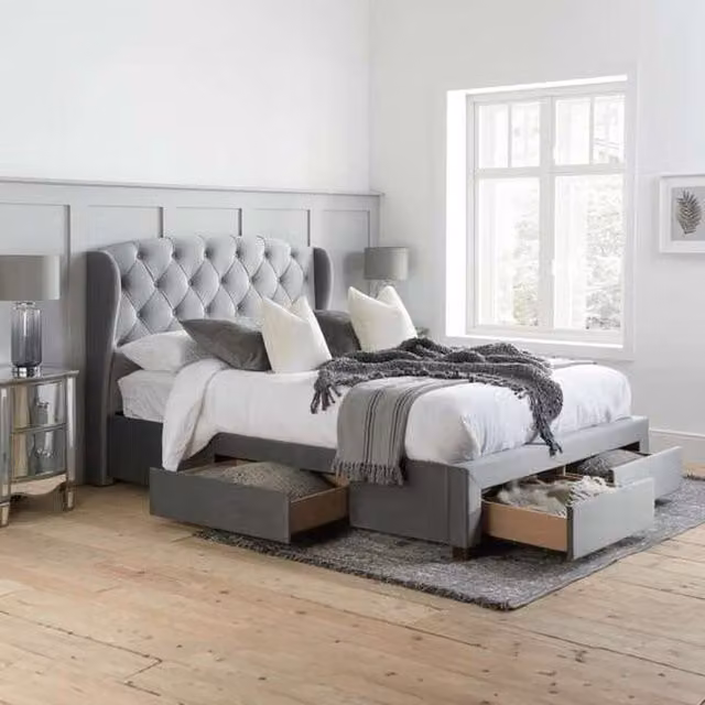 Birlea Hope Upholstered Double Bed in Grey with Drawers, W/D/H: 140 x 200 cm
