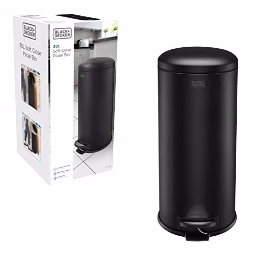 BLACK+DECKER 30 Litre Dome Kitchen Pedal Bin with Soft Close Lid and Removable Inner Bucket in Matte Black Steel – 5