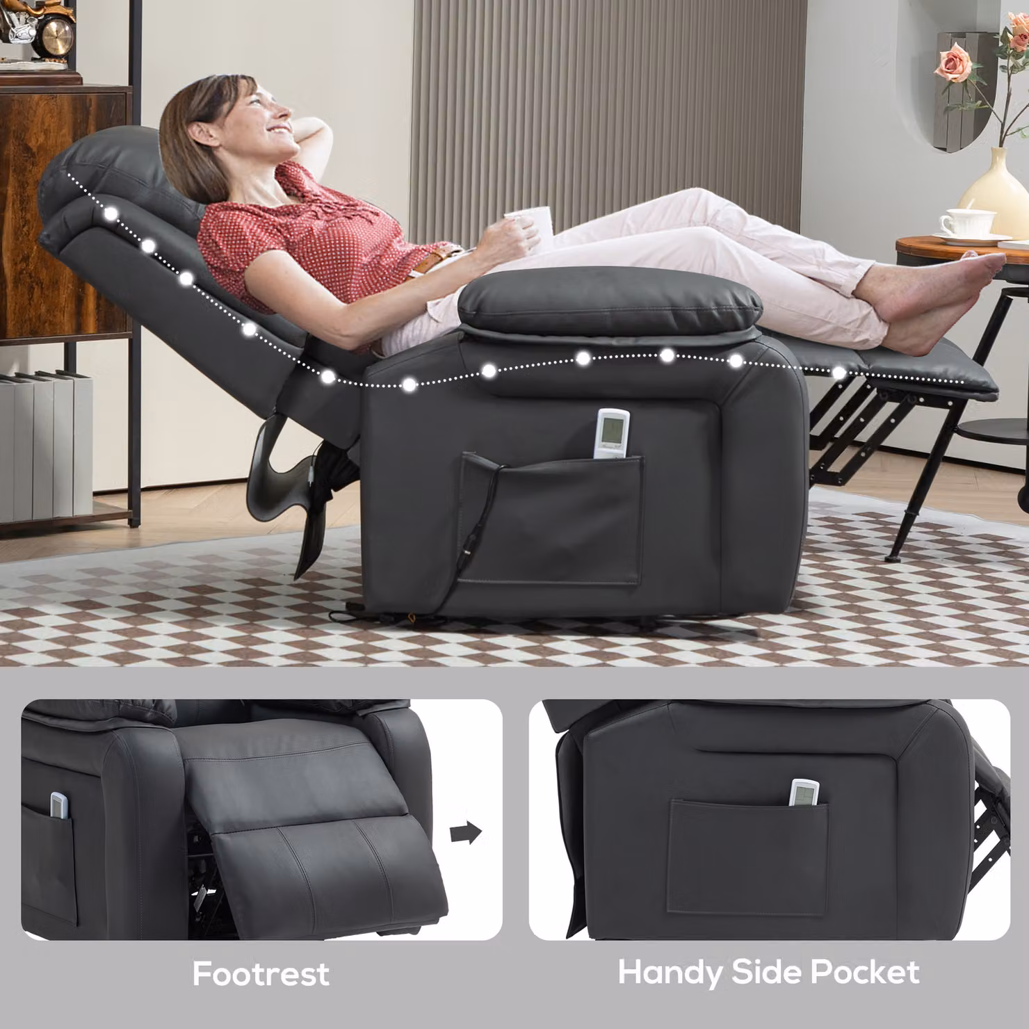 HOMCOM Dark Grey PU Leather Power Lift Riser and Recliner Chair with Vibration Massage for Seniors – 6