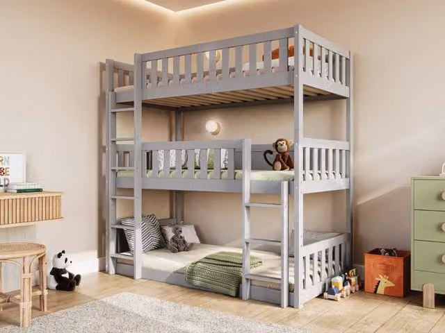Flair Bea Triple High Bunk Bed in Grey, Solid Pine Wood, Size: 90 x 200 cm