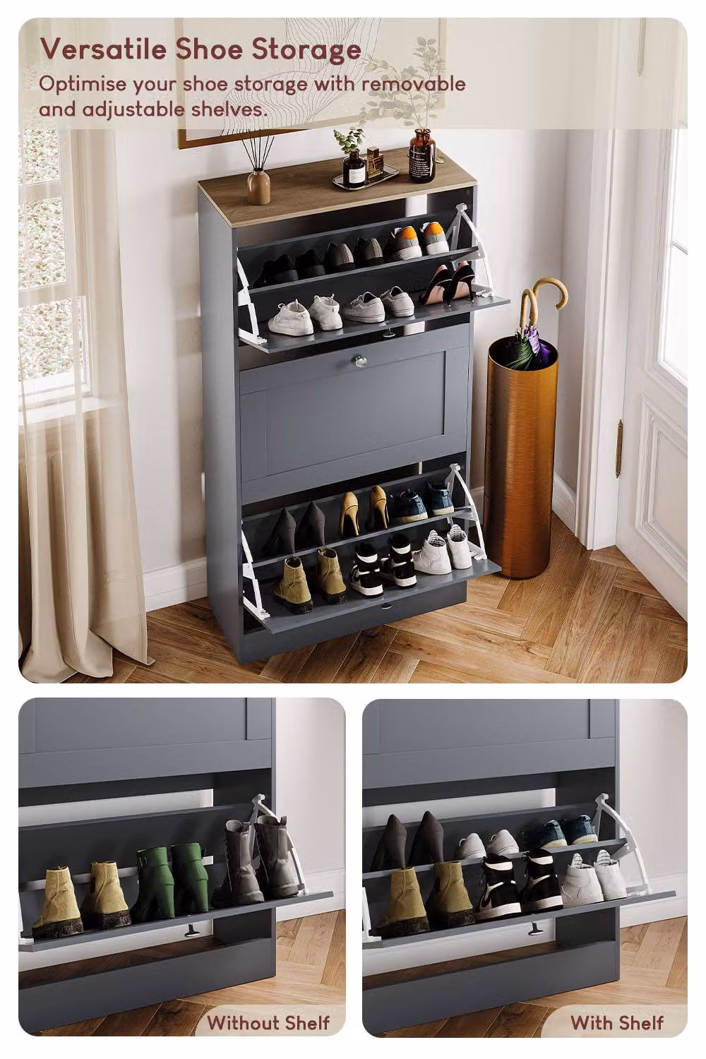 Vida Designs Modern 3 Drawer Grey Shoe Cabinet with Tilting Compartments and Internal Shelves – 3