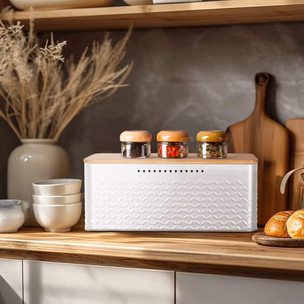 Kelvenix White Embossed Metal Bread Bin with Bamboo Lid Cutting Board – 2